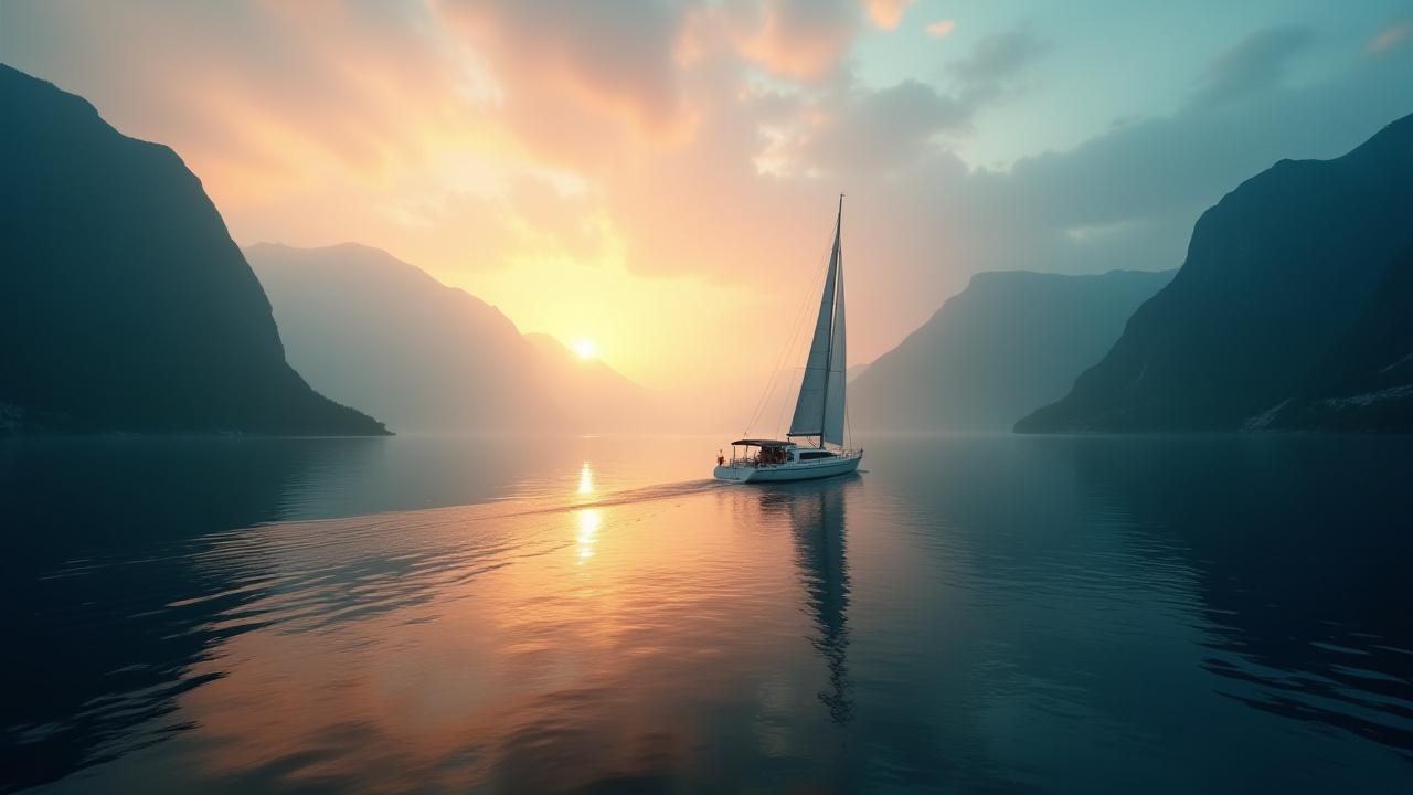 Seilbåt navigerer Norsk fjord ved soloppgang